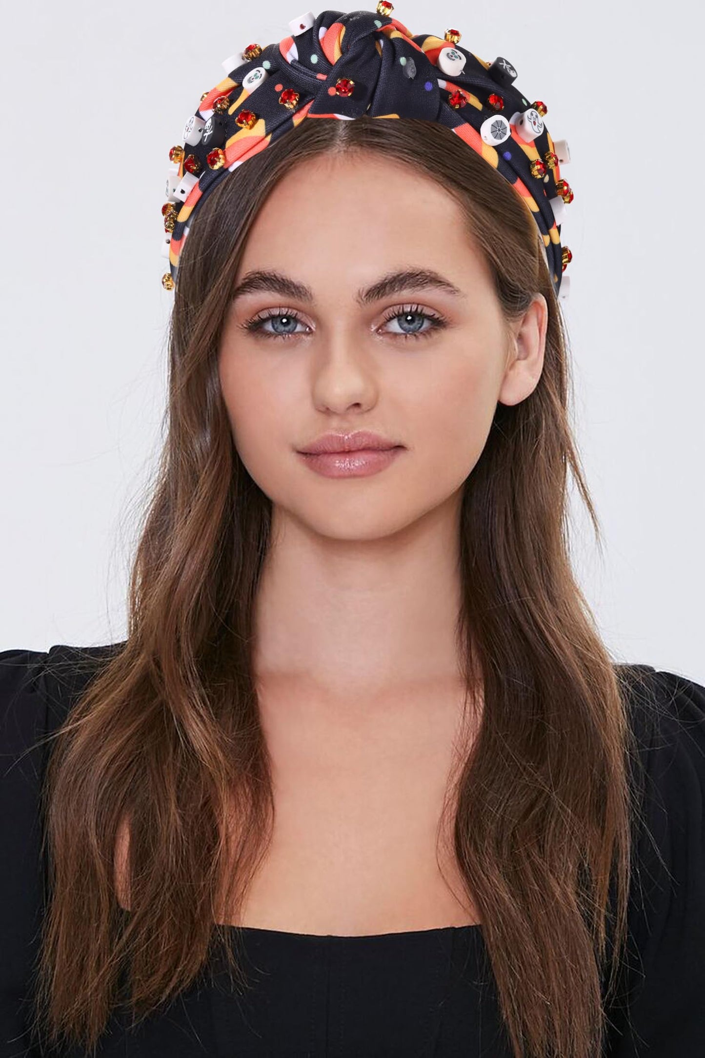 Halloween Headband Black Halloween Skull Candy Corn Print Wide Knotted Headband Accessories forWomen Rhinestone Bead Halloween Themed Charm Top Knot Headband Halloween Costume Party Hair Accessory