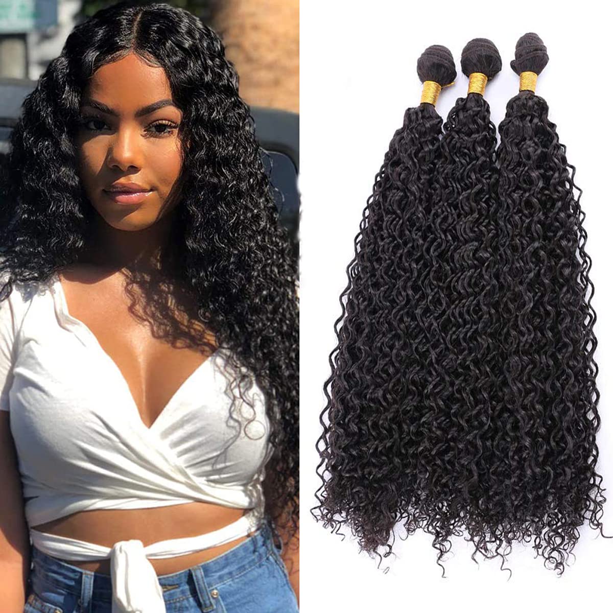 HeioWuio Curly Wave Brazilian Remy Human Hair Bundles Hair Weaves Natural Black Color Hair 3 Bundles Real Unprocessed Virgin Hair Extensions Hiar 3 Bundles 26 28 30 Inch
