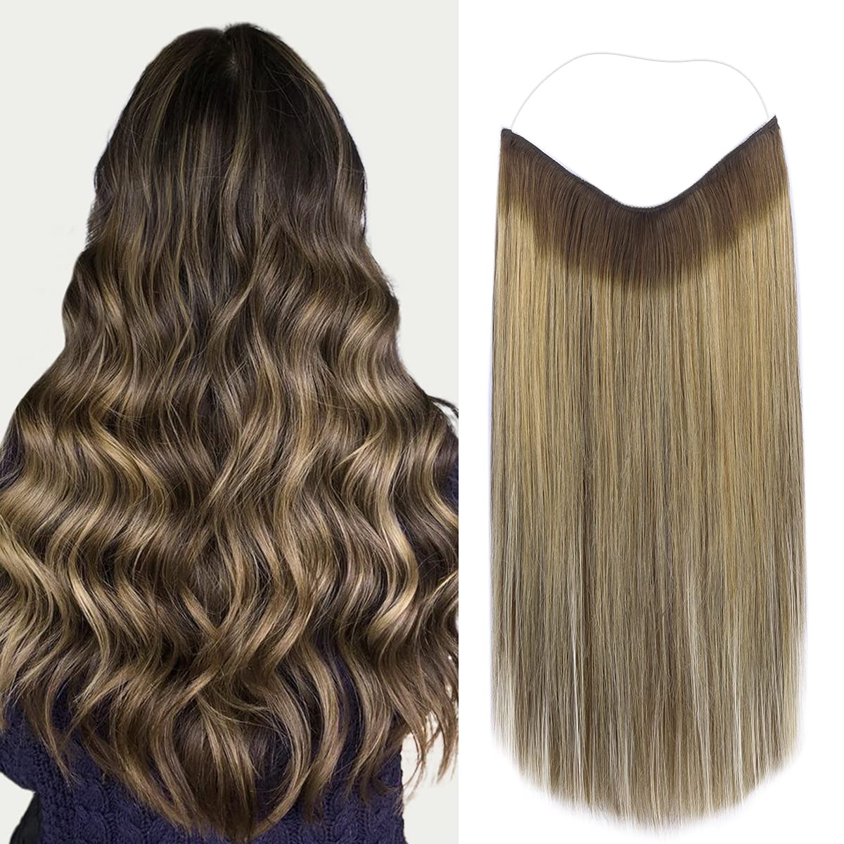 Marat Wire Hair Extensions 16 inch 95g Balayage Chocolate Brown to Caramel Blonde Remy Human Hair Extensions with Fish Line Invisible Wire Hair Extensions Real Human Hair Hair Extensions