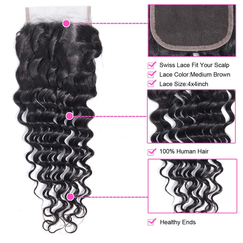 Deep Wave Bundles with Closure Brazilian 10A Human Hair Bundles(14 16 18+12 Closure)Deep Weave Curly Human Hair 3 Bundles with 4x4 Lace Closure Remy Unprocessed Virgin Human Hair Bundles Natural Color
