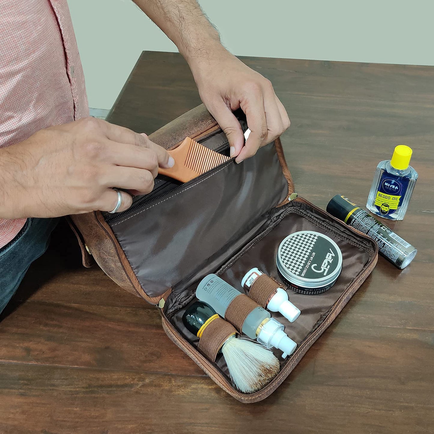 RUSTIC TOWN Handmade Quality Leather Toiletry Bags Combo - The Best Masculine Travel Gift For Men and Women