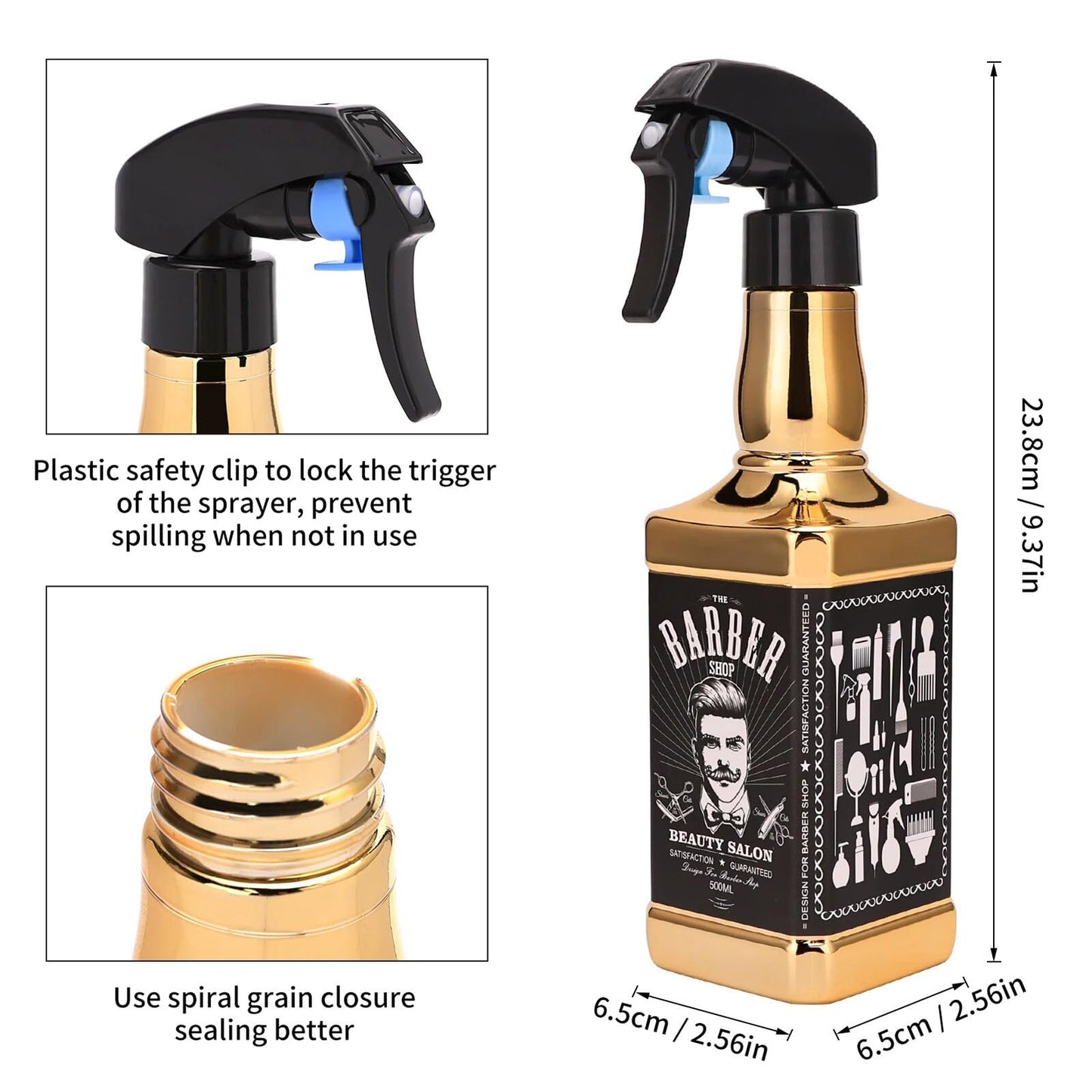 BARBERPLAN Hairdressing Styling Tools Set, 4 Pieces Including Spray Bottle, Barber Brush, Neck Duster, Hair Cutting Comb for Salon and Home Use (Gold)