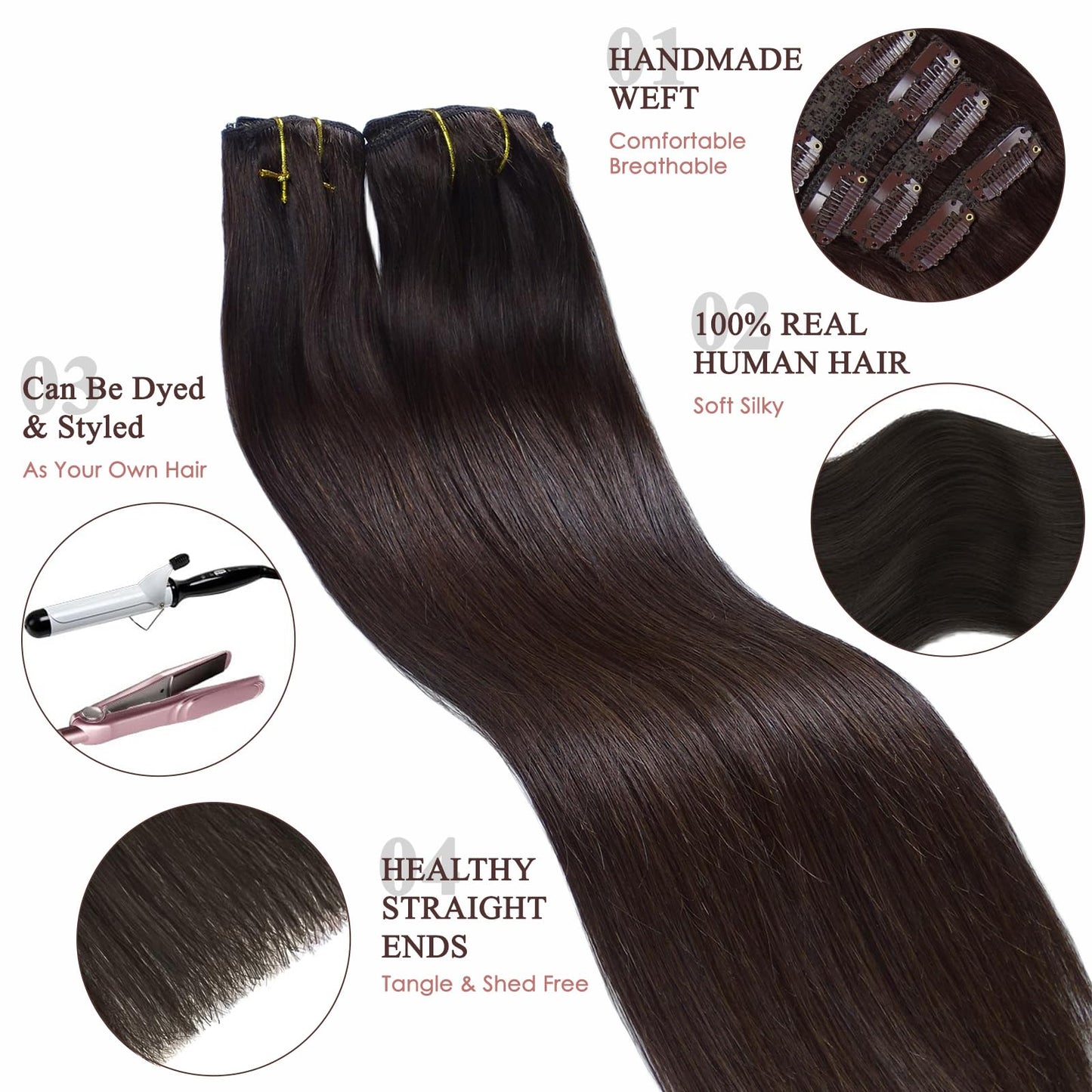 Dark Brown Clip in Human Hair Extensions 120G Hair Extensions Clip Ins Real Human Hair for Women's Daily Use, Soft & Natural(16 Inch, 8Pcs 22Clips)