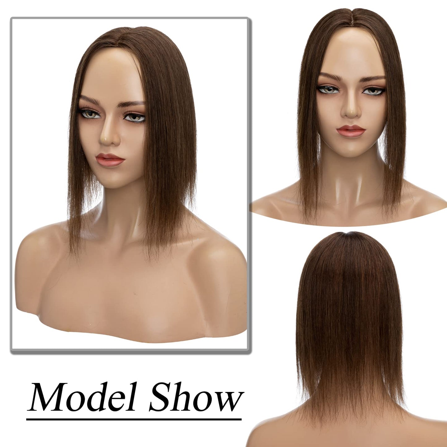 MY-LADY Human Hair Toppers for Women Real Remy Hair 130% Density 10 * 12CM Silk Base No Bangs Clip in Hair Pieces Straight Hairpiece for Thinning Hair 6 Inch #04 Medium Brown