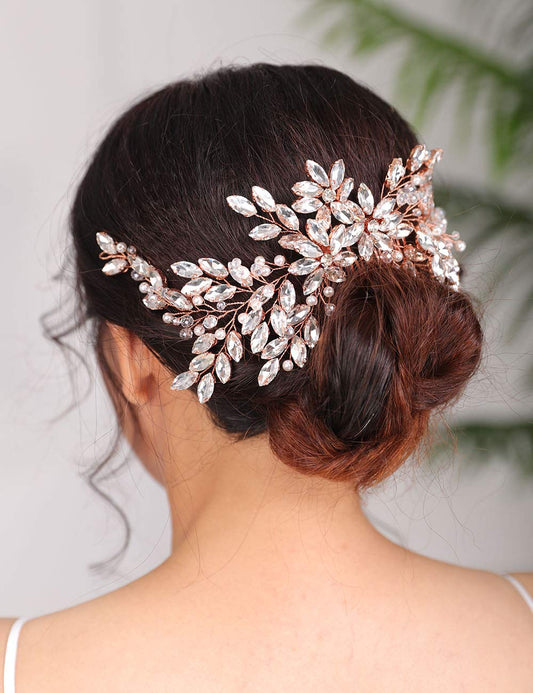 Denifery Rose Gold Bridal Hair Comb Sparkly Rhinestones Wedding Hair Comb Pearl Bridal Headpiece Rose Gold Hair Accessories for Women and Girls (Gold)