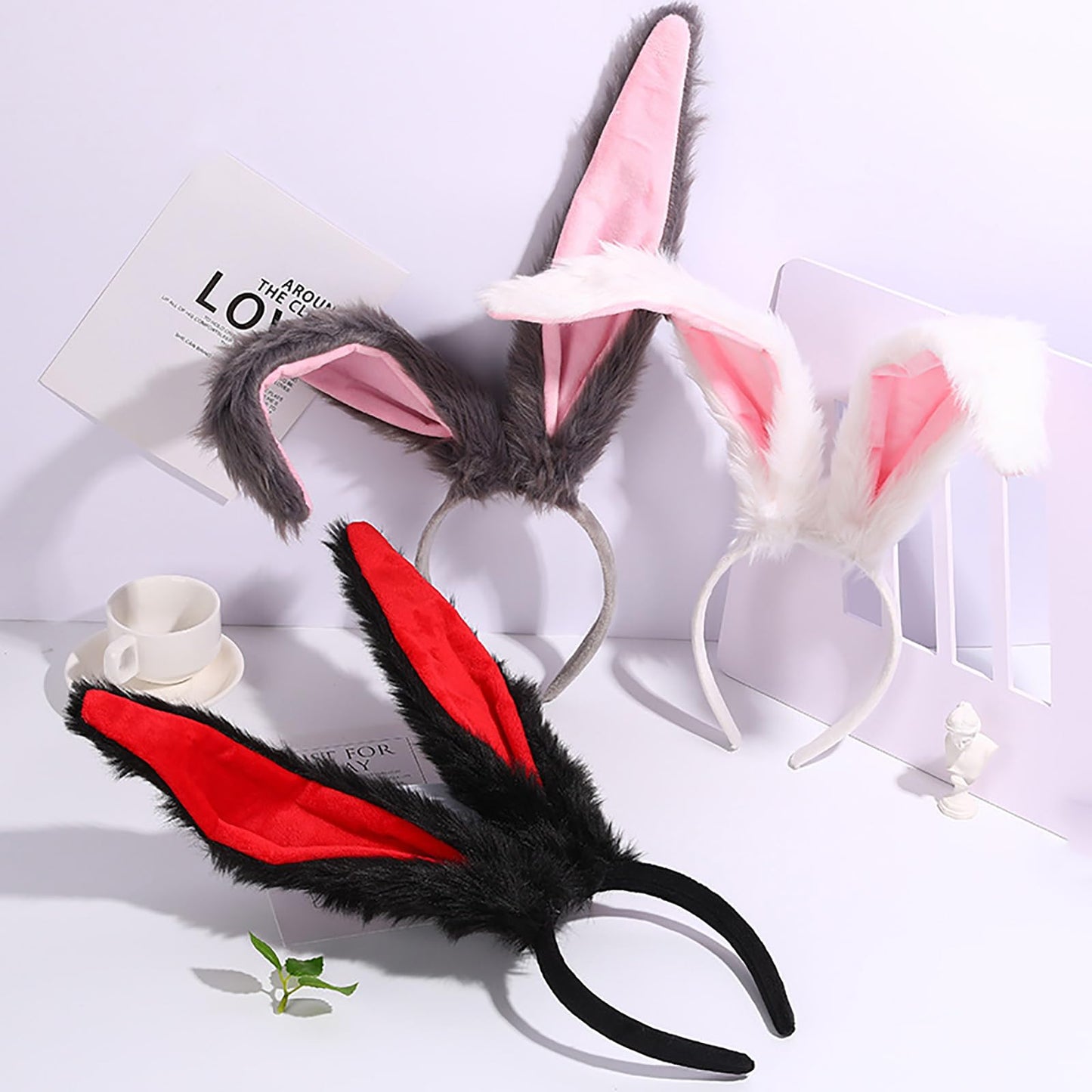 FunSpt Easter Bunny Rabbit Ears Plush Headband Halloween Costume for Aldult 3Pcs Set Red