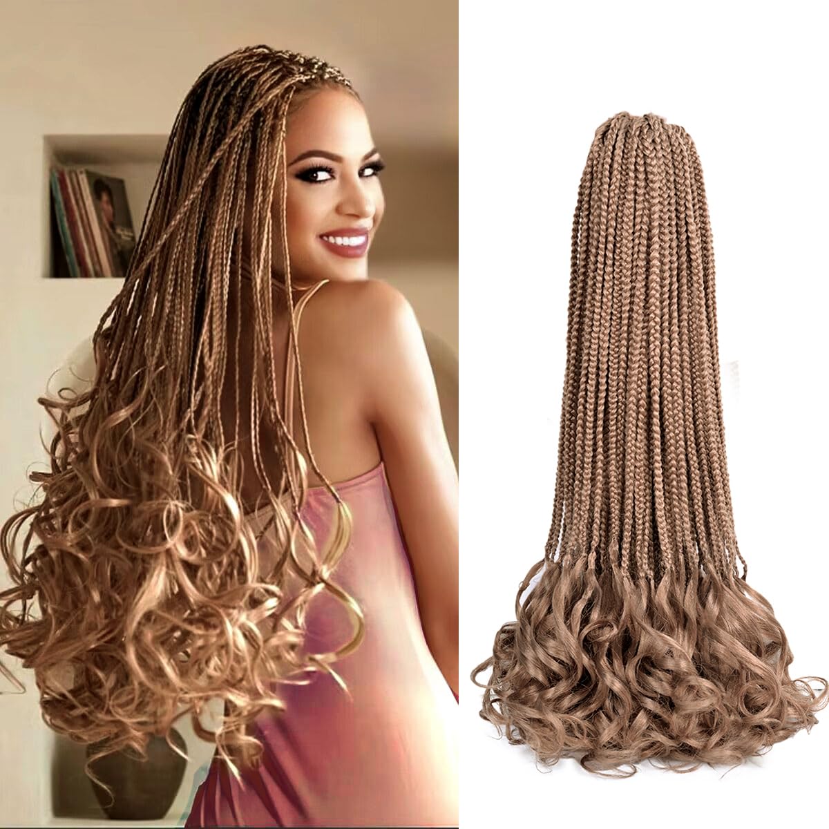 French Curly Crochet Braids Hair 8pack Loose Wavy Pre Stretched 27# Synthetic Spiral Curly Crochet Braids 24Inch Synthetic French Curly box braids Hair With Curly Ends (24 Inch,8 Packs,27#)