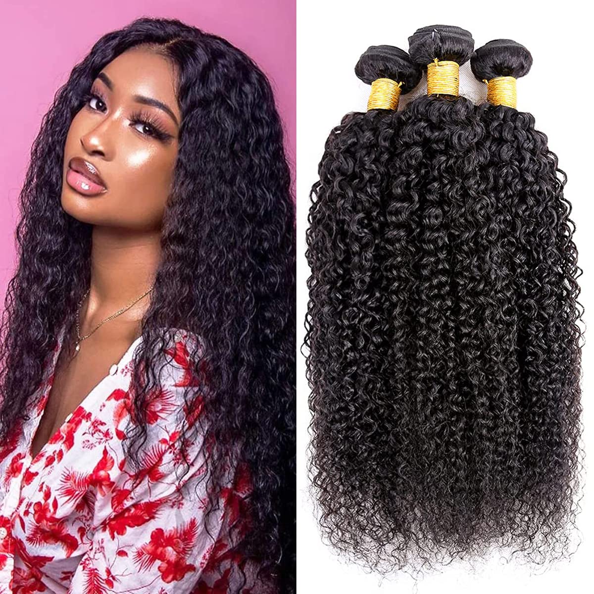HeioWuio Curly Wave Brazilian Remy Human Hair Bundles Hair Weaves Natural Black Color Hair 3 Bundles Real Unprocessed Virgin Hair Extensions Hiar 3 Bundles 22 24 26 Inch