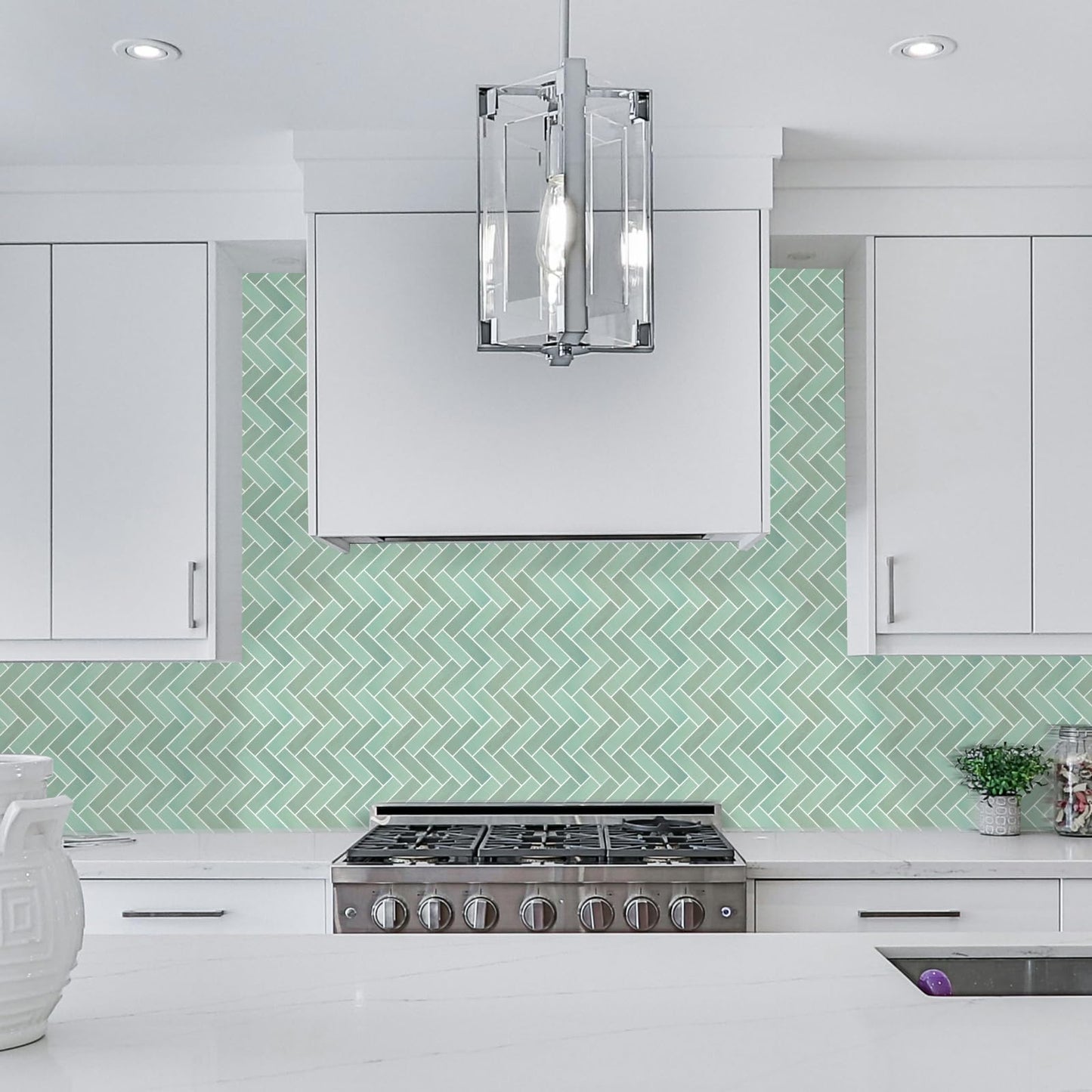 LUXDEKO 10-Sheet Herringbone Peel and Stick Backsplash, Sage Green Chevron Self Adhesive Glossy Tiles Renter Friendly Backsplash Stick on Wall Tile for Kitchen and Bathroom（12"x12"）
