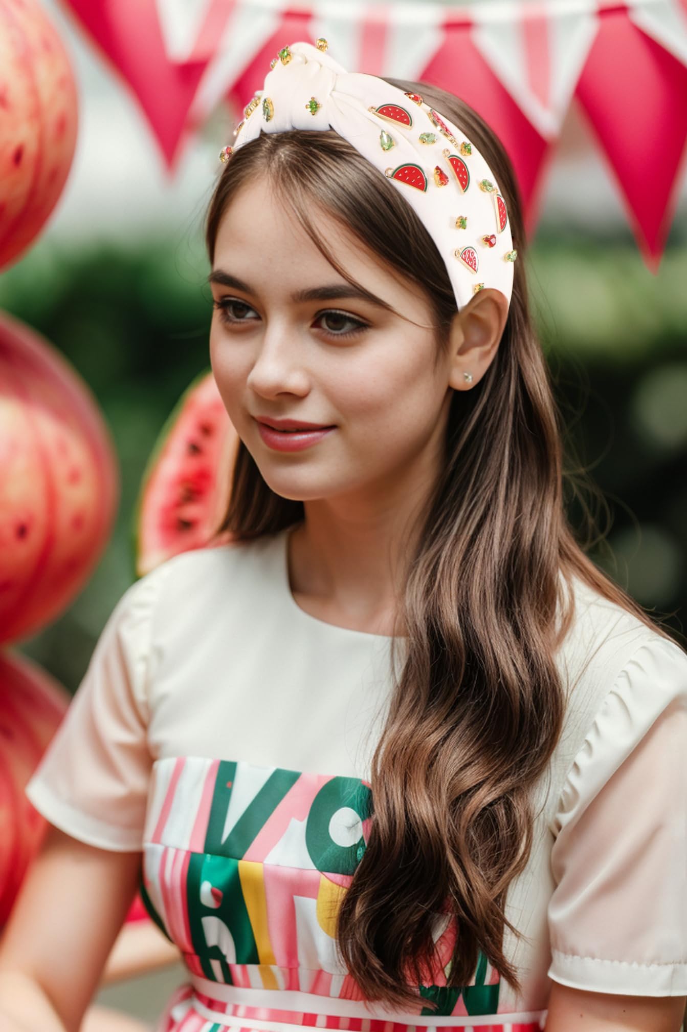 Gmmidea Watermelon Headbands for Women Summer Fruit Headband Crystal Rhinestone Top Knot Headband Cute Girls Embellished Hairband Glitter Summer Holiday Hair Accessories White