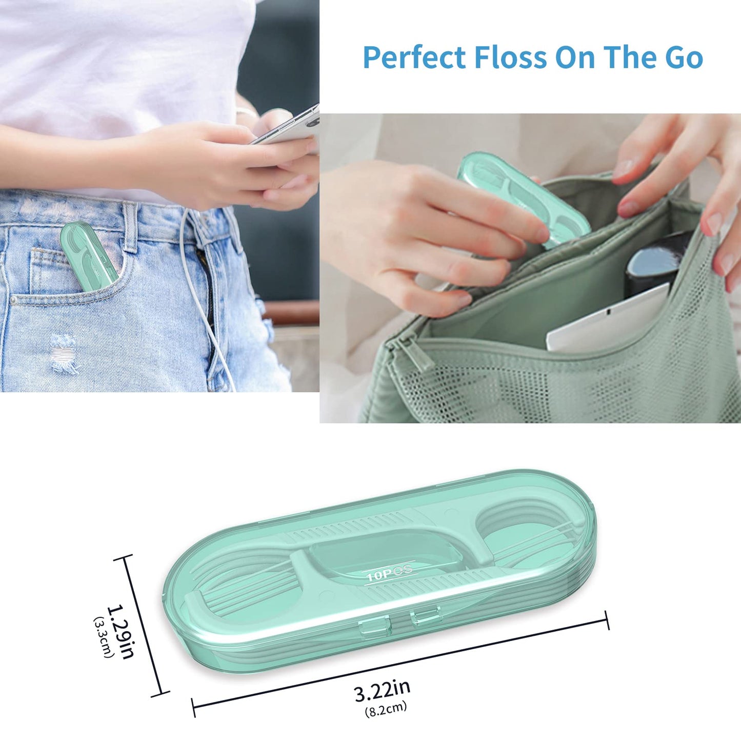 Dental Flossers 2Pcs Green Mini Portable Case,Refillable Toothpicks Dispenser,Storage 10 Count Floss Picks Organizer,Perfect for Your Purse Or Gym Bag for On-The-Go Flossing
