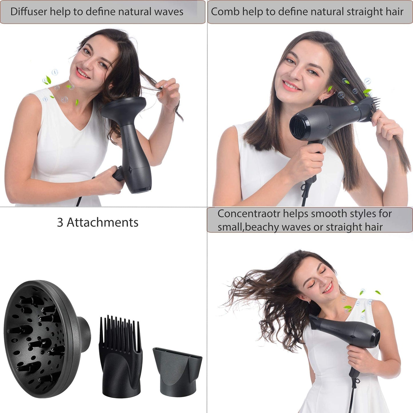 NITION Pro Salon Hair Straightener Flat Iron Gold and Black Hair Dryer with 3 Attachments Diffuser/Comb Set