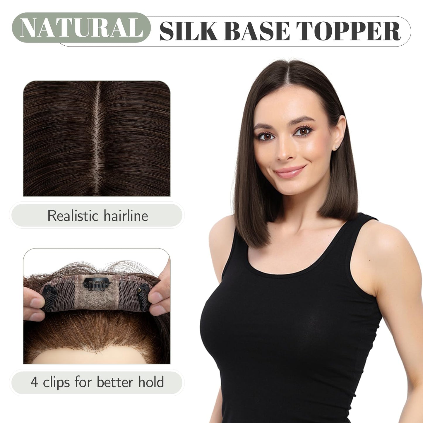 S-noilite Human Hair Toppers For Women 130% Density Hand Made Silk Base Clip in Topper Top Hair Pieces with Thinning Hair/Hair Loss Cover Gray Hair 14Inch 45g #4 Medium Brown