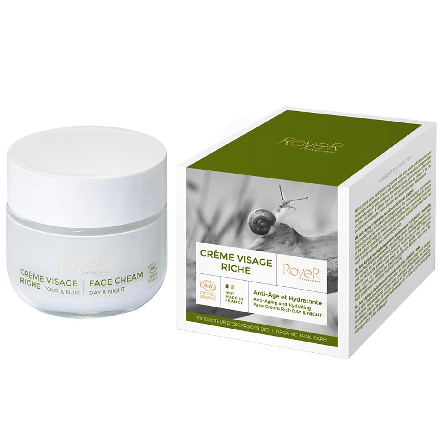 RoyeR Cosmetique Snail Mucin Rich Face Cream - For Dry/Very Dry Skin - 30% Snail Mucin Moisturizer, Certfied Organic - Fades Dark Spots, Smooths Wrinkles, Brightens, Made In France, 1.7 oz