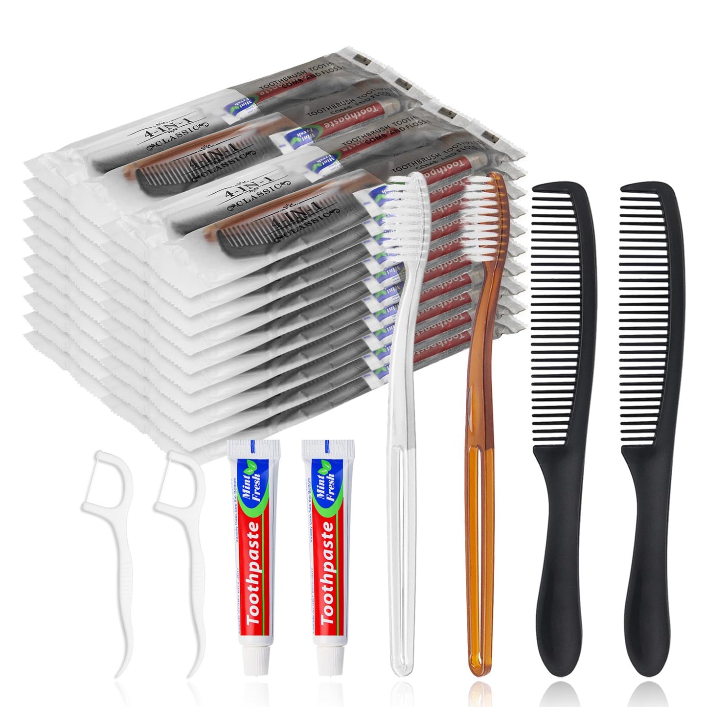 Gisdo 10pcs Disposable Toothbrushes with Toothpaste and Comb Floss Individually Wrapped,4-in-1 Bulk Toothbrush Kit with 2 Color Toothbrush,10 grams Toothpaste,7 inch Comb,Floss Pick for Homeless,Hotel