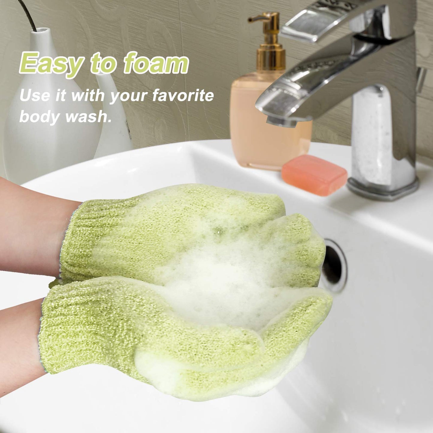 MIG4U Shower Exfoliating Scrub Gloves Medium to Heavy Bathing Gloves Body Wash Dead Skin Removal Deep Cleansing Sponge Loofah for Women and Men(1 Pair, Chartreuse)