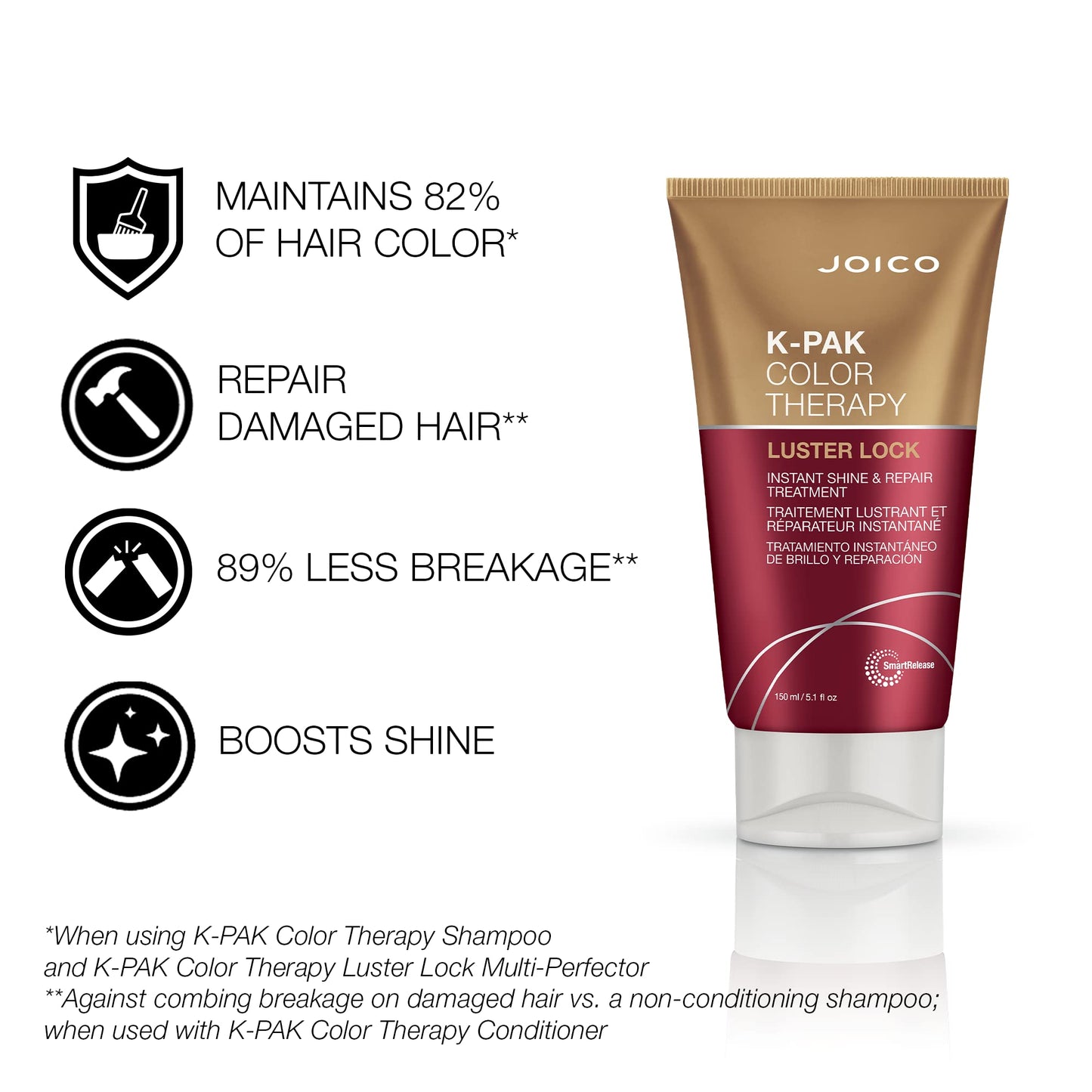 Joico K-PAK Color Therapy Luster Lock Instant Shine & Repair Treatment | For Color-Treated Hair | Boost Color Vibrancy | Repair Breakage | With Keratin & Argan Oil | 5.1 Fl Oz