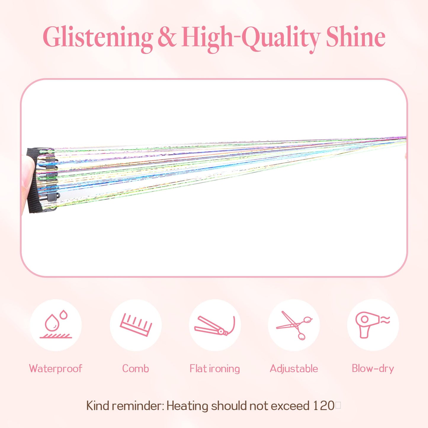 GOO GOO Clip in Hair Tinsel 24 Inch-6pcs Rainbow 7 Mixed Colors Fairy Glitter, Heat Resistant Clip-In Sparkle Strands, Dazzling Glitter Tinsel for Women & Girls, Perfect for Parties, Christmas