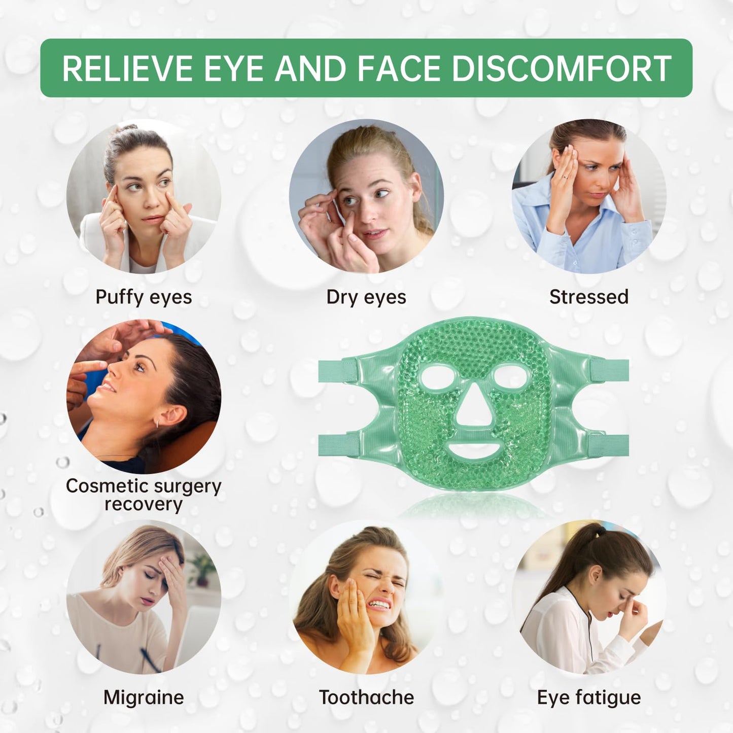 Face Eye Mask Ice Pack for Reducing Puffiness, Bags Under Eyes, Puffy Dark Circles, Migraine,Hot/Cold Pack with Soft Plush Backing (Green #43)