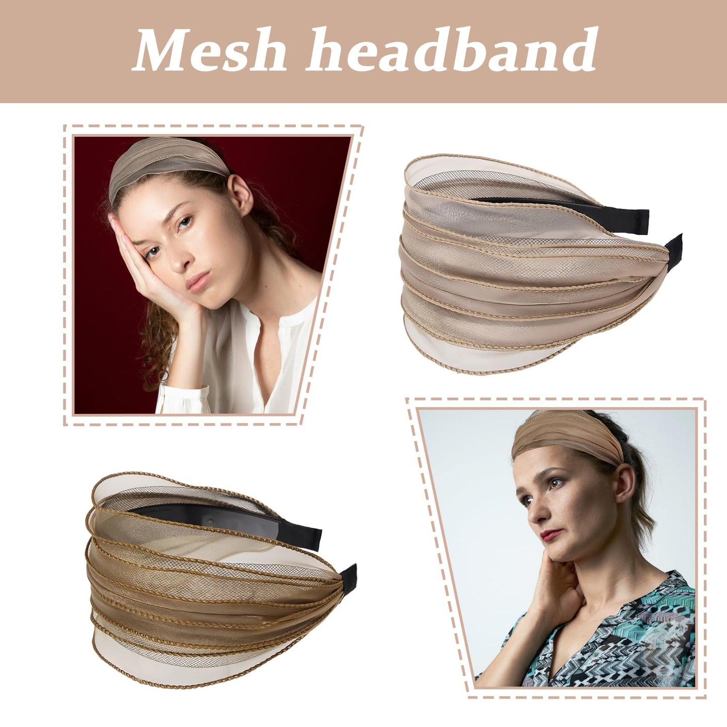 Wide Lace Headbands for Women, 4Pcs Solid Color Headband Cute Hair Hoop Vintage Knotted Hair Band with Teeth Girls Headwrap Fashion Hair Accessories (Solid Color-black,gray,khaki,coffee, Large)