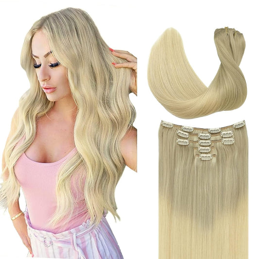 DOORES DOORES Classic Clip Seamless Clip, 5pcs 80g 18 Inch Balayage Ash Blonde to Golden Blonde and Platinum Blonde