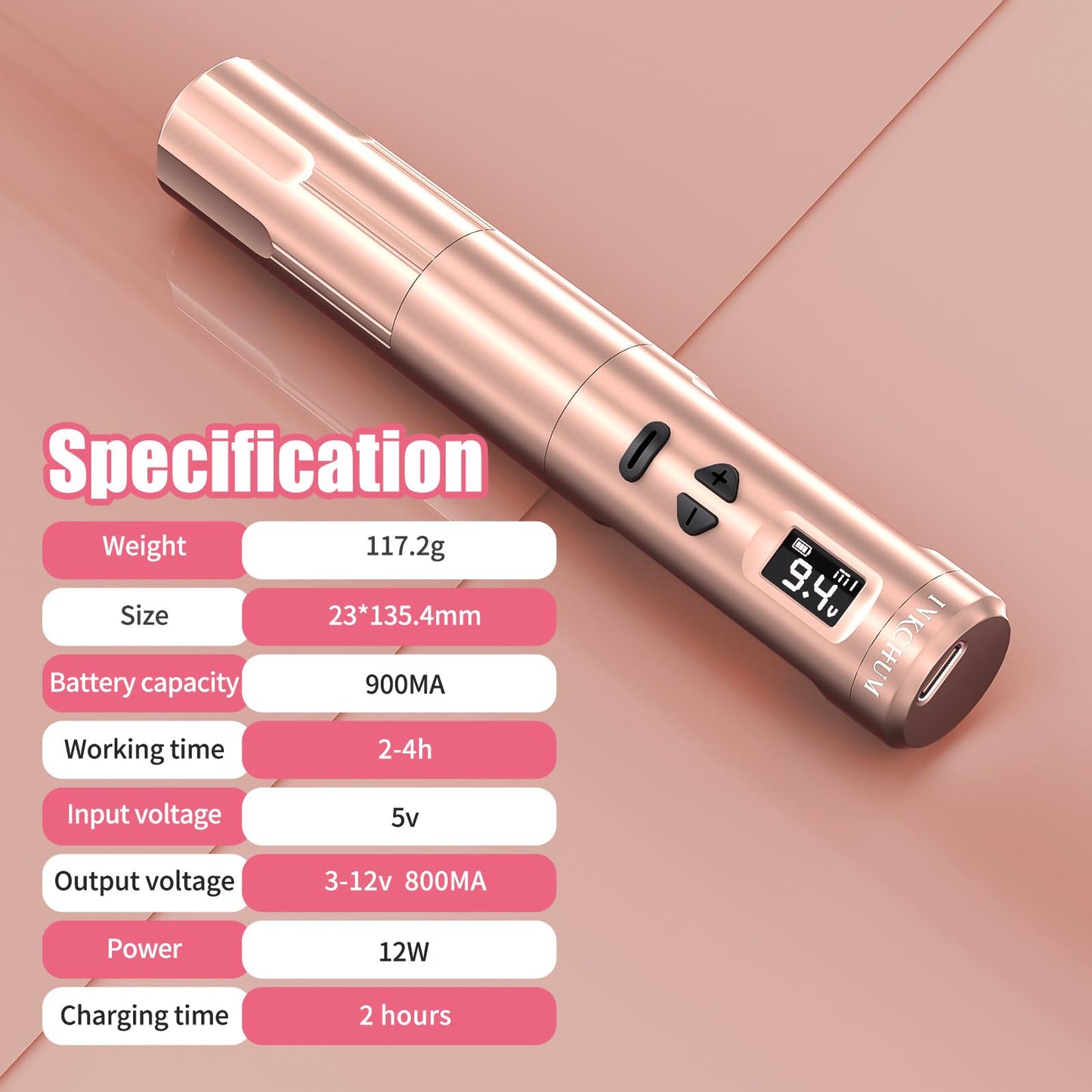 INKCHUM Microblading Supplies Wireless RCA Machine Pen with 2 Batteries Digital OLED Display 10W Coreless Motorfor Miroblading Shading Lining Eyeliner Lips(Rose Gold)