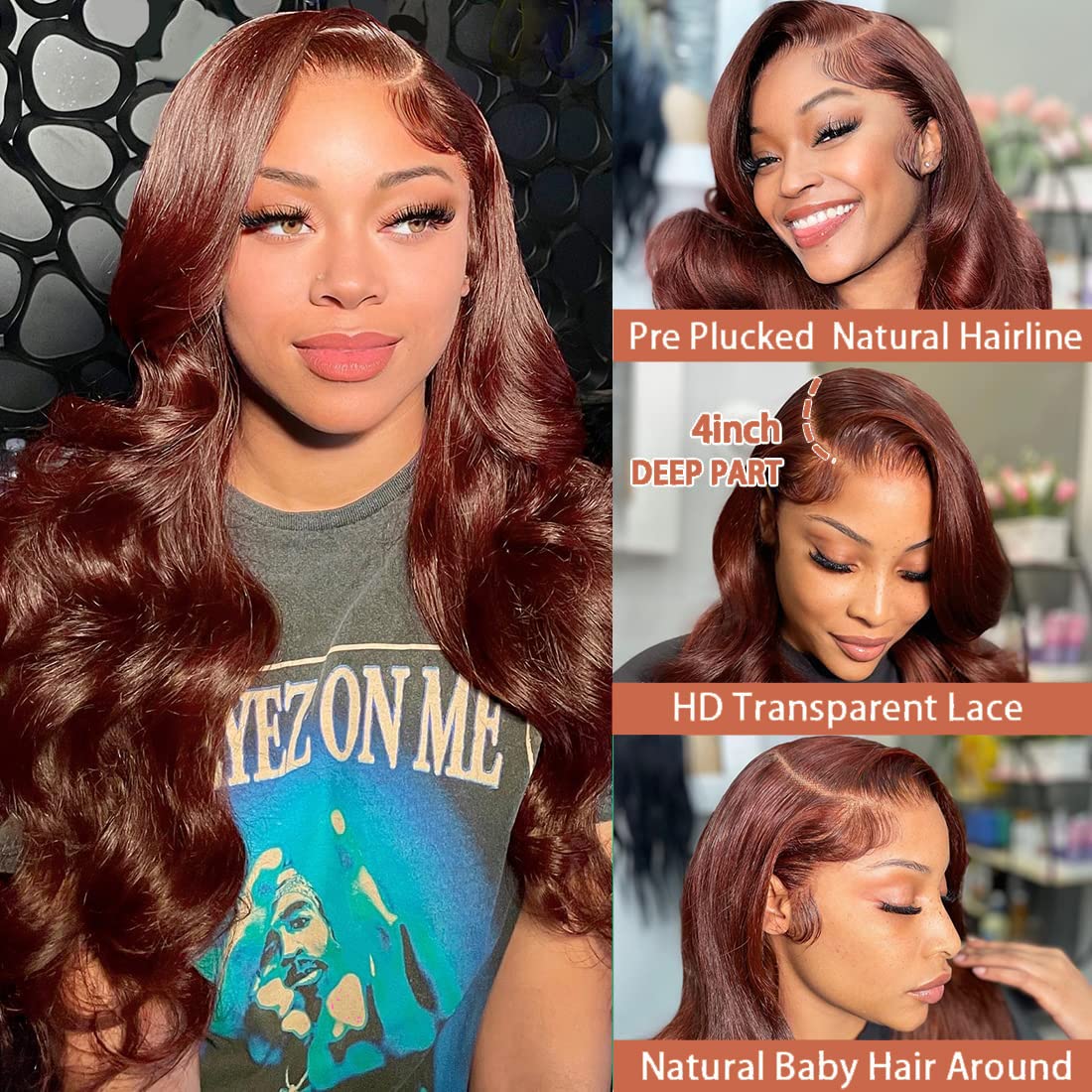 MIMORE 12A Reddish Brown 13x4 Lace Front Body Wave Wig Human Hair for Women 150% Density, Brazilian Wavy Human Hair Wigs Pre Plucked with Baby Hair Auburn Copper Red 33# Color 28inch
