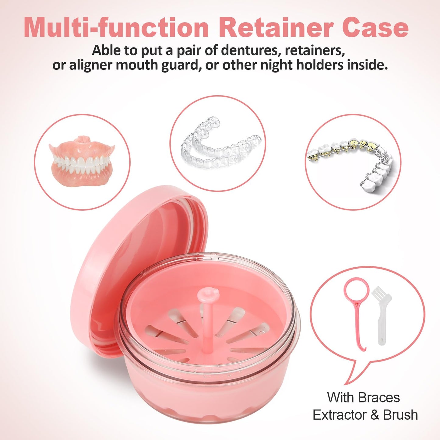 Leakproof Denture Bath Case, Denture Soak Case for Travel, Portable Denture Container Cups Box for Braces/Mouth Guard/Night Guard/Retainers, with Brush and Removal Tool – Pink