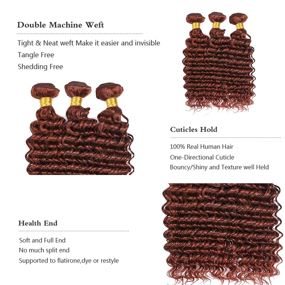 Color #33 Deep Wave Bundles Human Hair Loose Reddish Brown Deep Curly Bundles Auburn Human Hair Double Weft Brazilian Remy Hair Weave Extensions Wet and Wavy Silky Soft for Black Women (20 22 24 Inch)