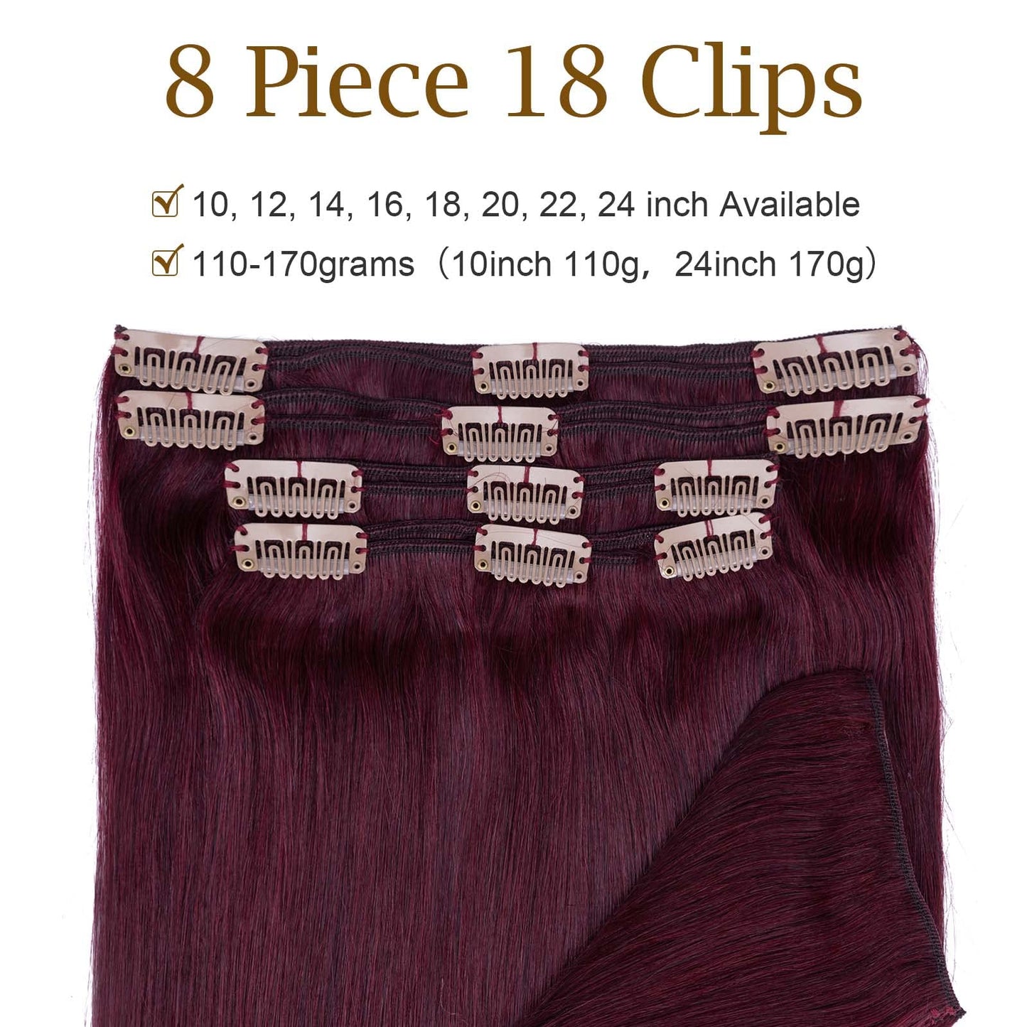 MY-LADY Double Weft 100% Clip in Remy Human Hair Extensions #99J Wine Red 10''-24'' Full Head Thick Long Soft Silky Straight 8pcs 18clips for Women 16 inch 130g
