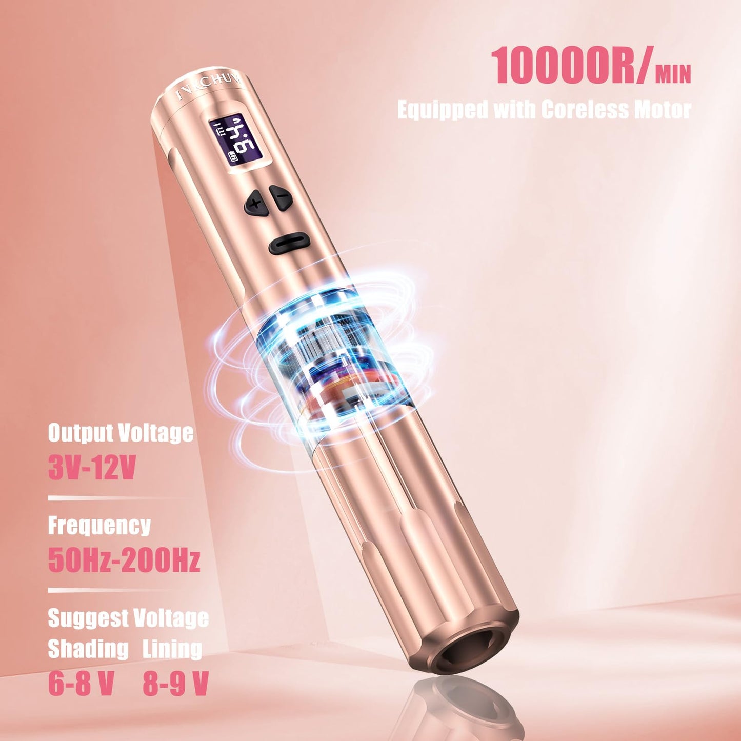 INKCHUM Microblading Supplies Wireless RCA Machine Pen with 2 Batteries Digital OLED Display 10W Coreless Motorfor Miroblading Shading Lining Eyeliner Lips(Rose Gold)