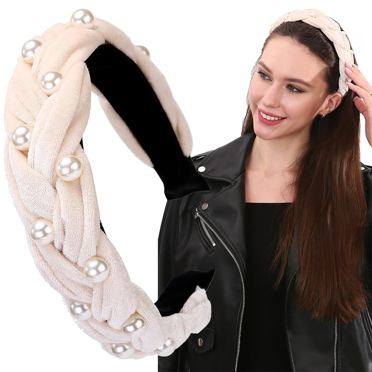 LONEEDY Cute Braided Velvet Wide Headband,Fashion Padded Twist Pearl Thick Headband for Women and Girls (Pearl-Cream)