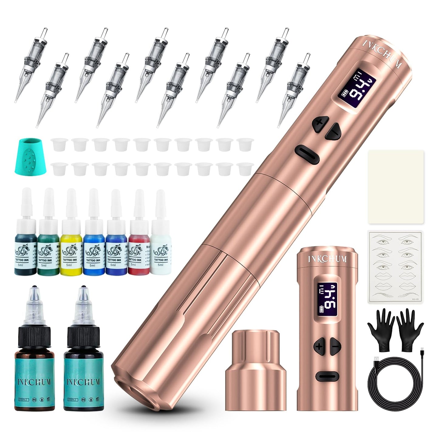 INKCHUM Microblading Supplies Wireless RCA Machine Pen with 2 Batteries Digital OLED Display 10W Coreless Motorfor Miroblading Shading Lining Eyeliner Lips(Rose Gold)
