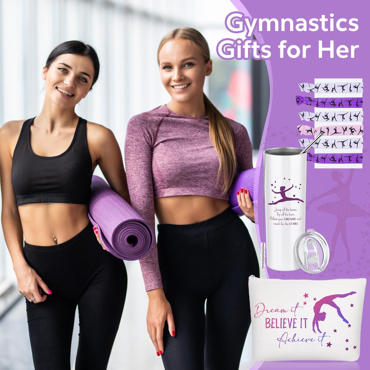 Junkin 3 Pcs Christmas Gymnastics Gifts for Women Include Stainless Steel Tumbler with Straw Makeup Bag Elastics Hair Ties for Gymnastics Lover(Purple)