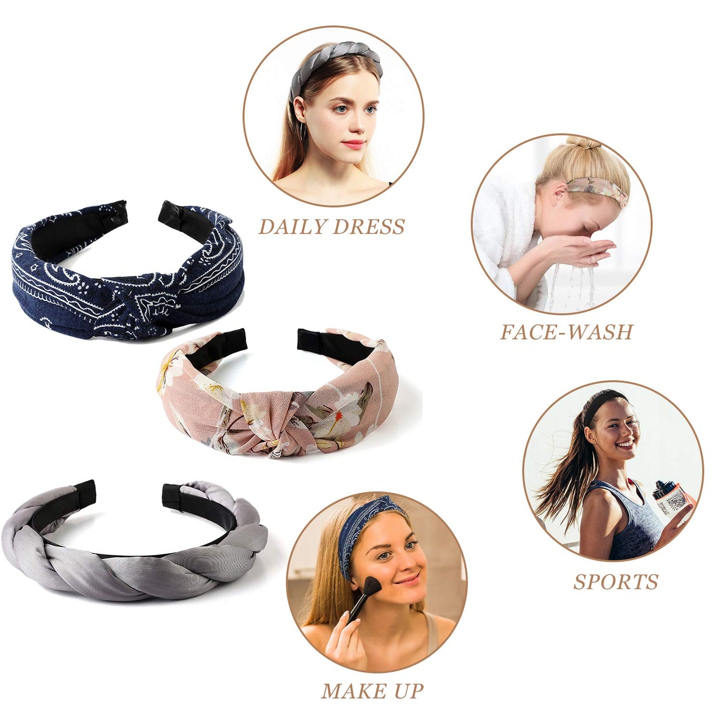 Gloppie Headbands for Women Knotted Headbands Womens Fashion Hair Accessories Workout Hairbands 3 Pack