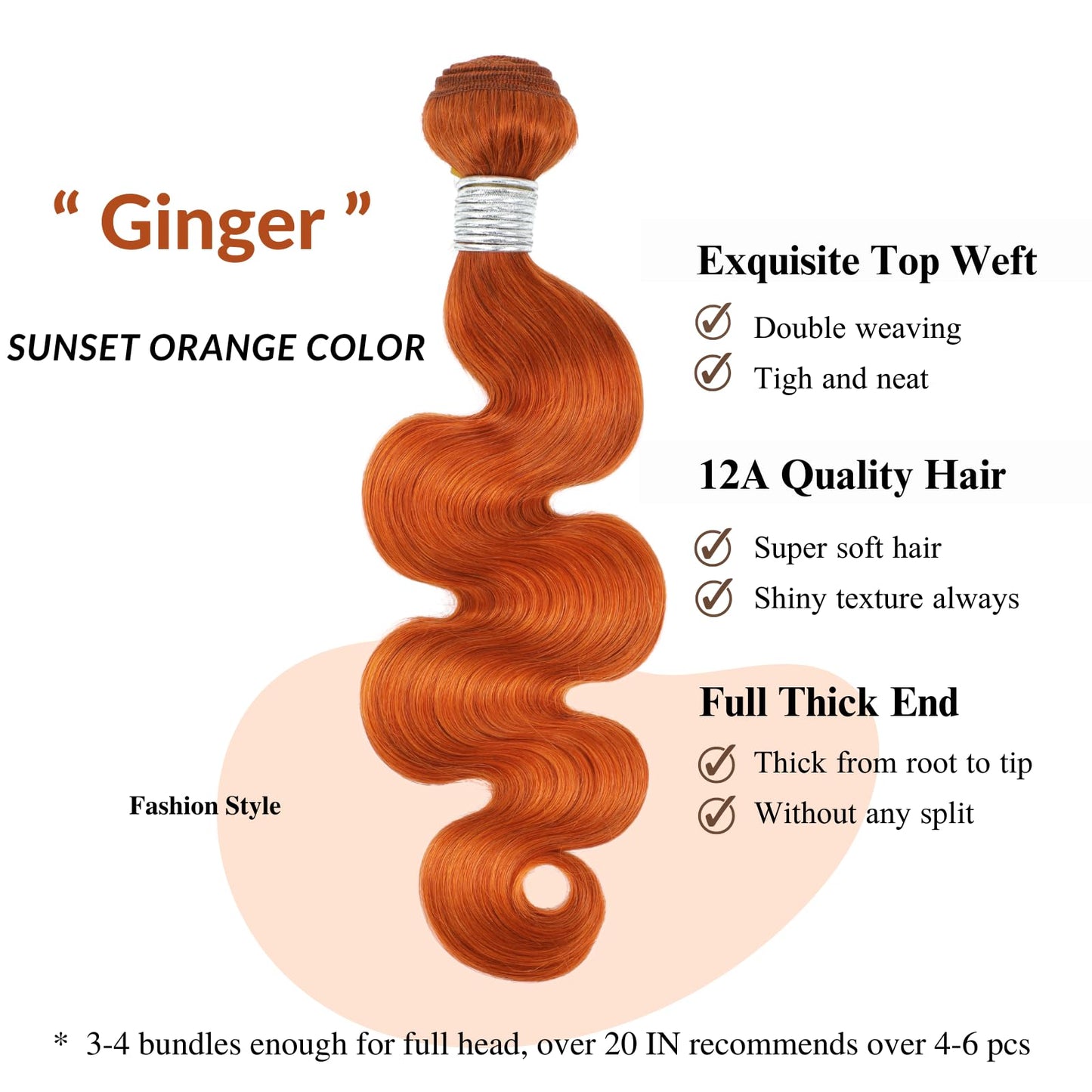 HERMOUS 10A Ginger Body Wave 3 Bundles Human Hair, Soft And Shed-Free 350 Copper Burnt Orange Bundles 100% Brazilian Human Hair Ginger 3 Bundles Body Wave Virgin Remy Hair Sew In Wavy 10 12 14 Inch