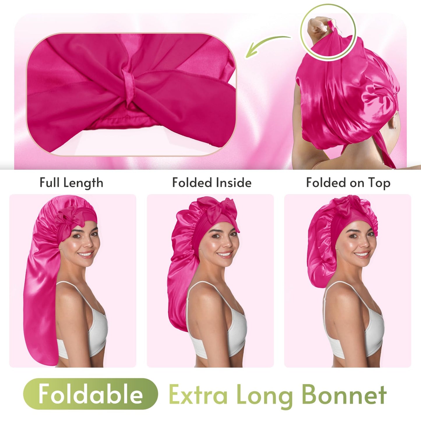 BONNET QUEEN Braid Bonnet Silk Bonnet Foldable Extra Long Bonnet for Braids Satin Bonnet for Sleeping Hair Bonnet with Tie Band Long Sleep Cap Hot Pink