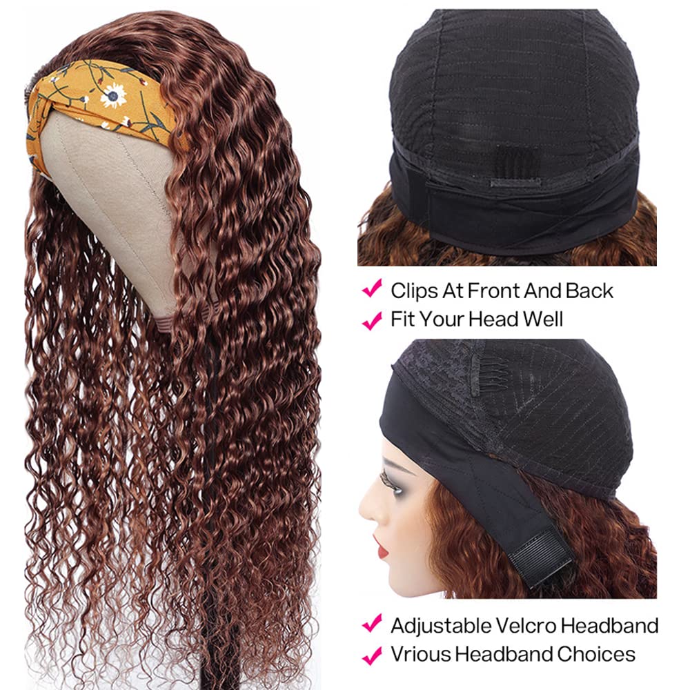 YiweYowe 32 Inch #4 Brown Deep Curly Wave Headband Wig Human Hair #4 Color Glueless None Lace Front Wig 150% Density Brazilian Virgin Hair Deep Curly Wigs for Black Women