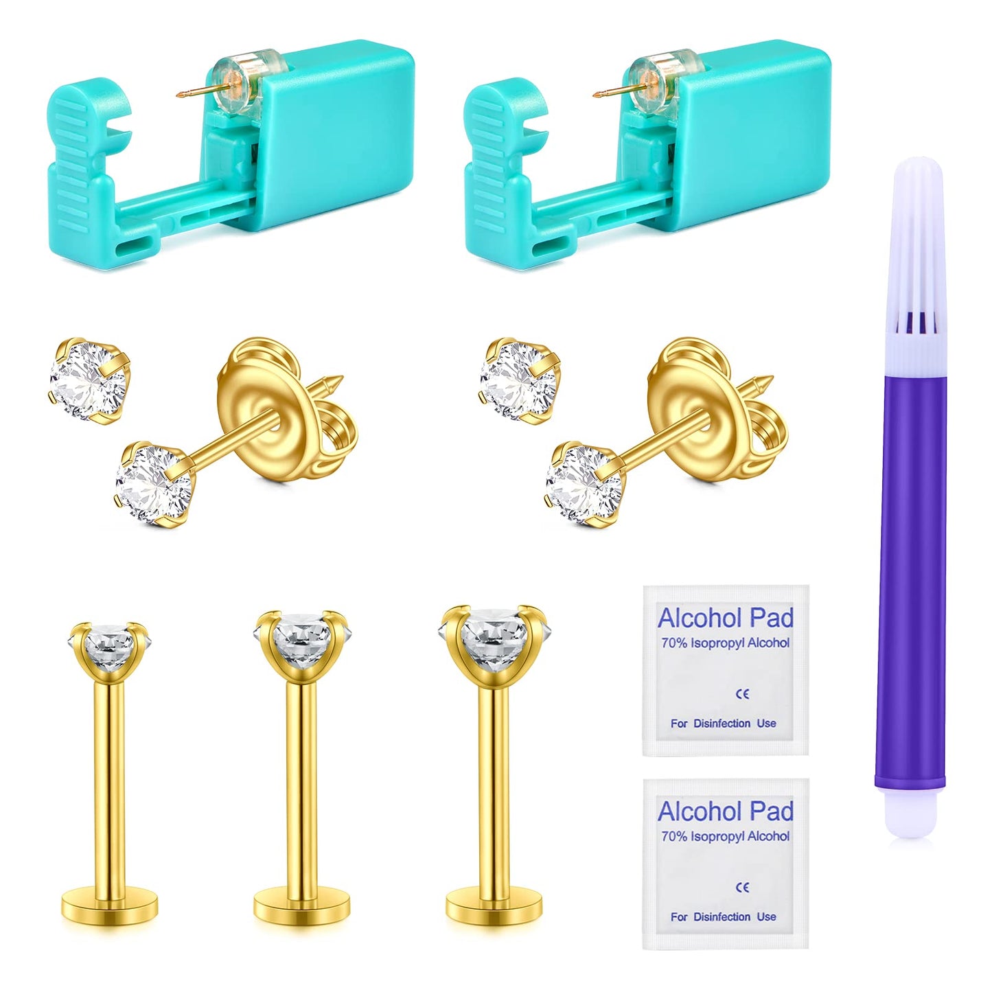 JIESIBAO Ear Piercing Kit, Disposable Safety Gold Self Ear Piercing Gun Kit with 16G CZ Crystal Surgical Steel Cartilage Tragus Helix Monroe Earrings Jewelry