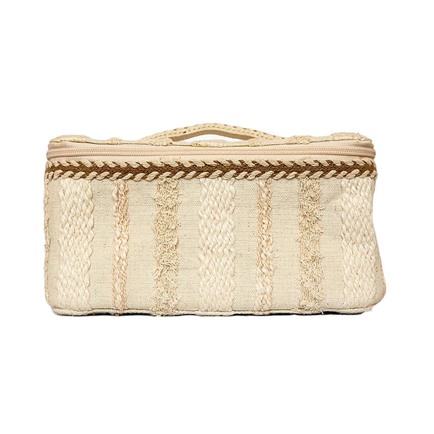 JEN & CO. Bohemian Style Large Cotton Zipper Closure Cosmetic Bag Carrying Make-up Case with Handle and Cube Pouch Organizer 4 Piece Set, Striped Sand