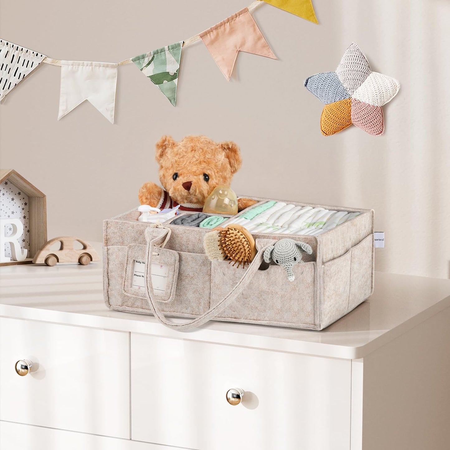 GEMII Baby Diaper Caddy Organizer with Handle, Newborn Baby Essentials Registry Search Must Haves, Shower Gift Basket Boy&Girl, Portable Diaper Storage Basket Bin, Car Caddy Organizer (Oatmeal, Large)