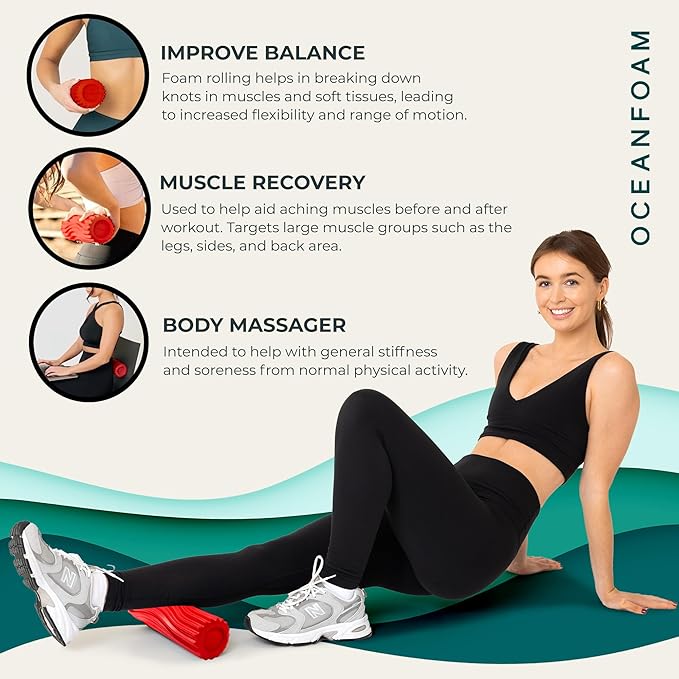 Oceanfoam Ripple Travel Foam Roller (11" x 3.35") Firm Mini Foam Roller for Physical Therapy, Deep Tissue Massage, Back Pain - High Density, Ergonomic Wave Textured - Yoga, Pilates, Exercise (Red)