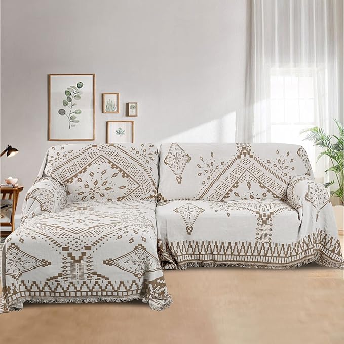 H.VERSAILTEX Reversible Sofa Cover Couch Cover for Dog Sofa Slipcover for Most Shape Sofa Furniture Protector with Tassels Sectional Couch Cover (XX-Large: 91" x 134", Sand/White)