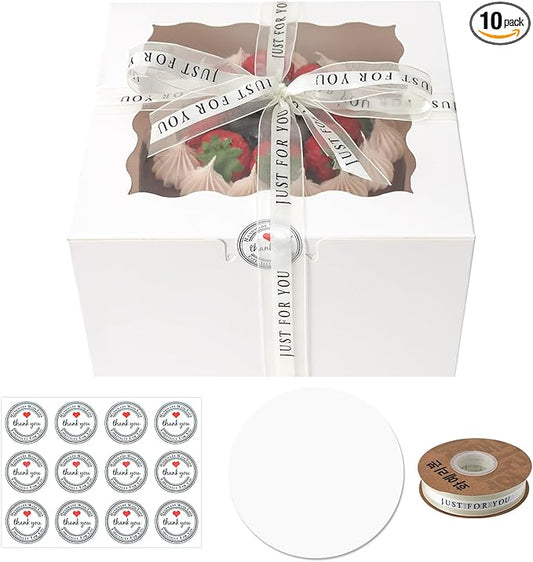 28 Pack Cake Boxes with Window, 10x10x5 Inches Bakery Containers, 10 Inch Cake Carrier, Disposable Bakery Boxes for Cake Cupcake Cookie Pie Pastry (White, 10105 inch/28pcs)