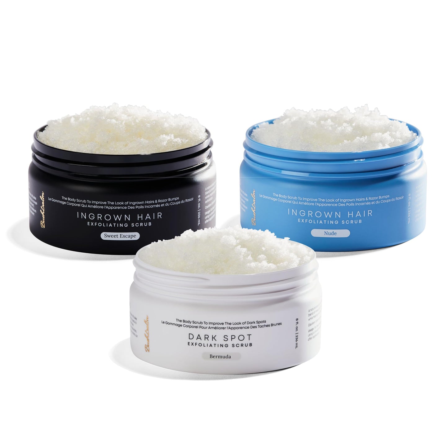 Bushbalm Nude to Prevent Ingrown Hairs, Bushbalm Bermuda to Remove Dark Spots and Bushbalm Sweet Escape to Rejuvenate Dull Skin - Exfoliating Scrub for Soft and Glowing Skin, 236 ml each