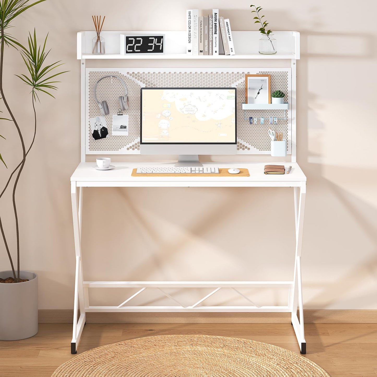 Elephance Computer Desk with Storage Shelves & Pegboard, 39inch Gaming Desk Writing Desk DIY Study Writing Workstation Table, Modern Office Desk for Home Dorm Office, White