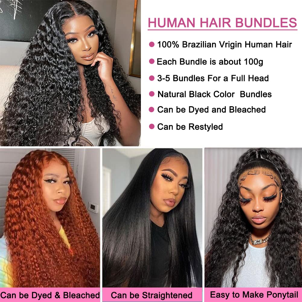 inlovwith Deep Wave Bundles Human Hair 28 Inch 12A Brazilian 100% Unprocessed Virgin Human Hair Bundles Wet and Wavy Human Hair Weave Bundles Natural Black Color Human Hair Extensions