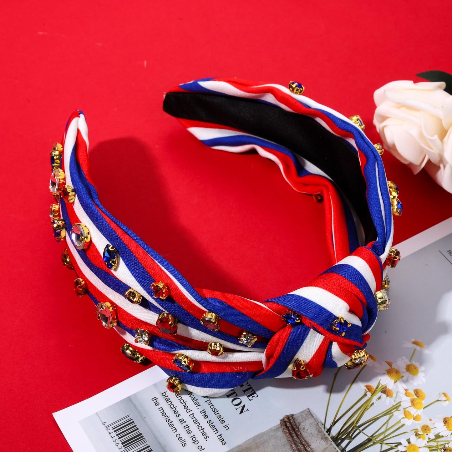 MOLOCH American Flag Headband 4th of July Headband Red White Blue USA Stripe Knotted Headband for Women Rhinestone Crystal Patriotic Hairband Party Hair Accessory