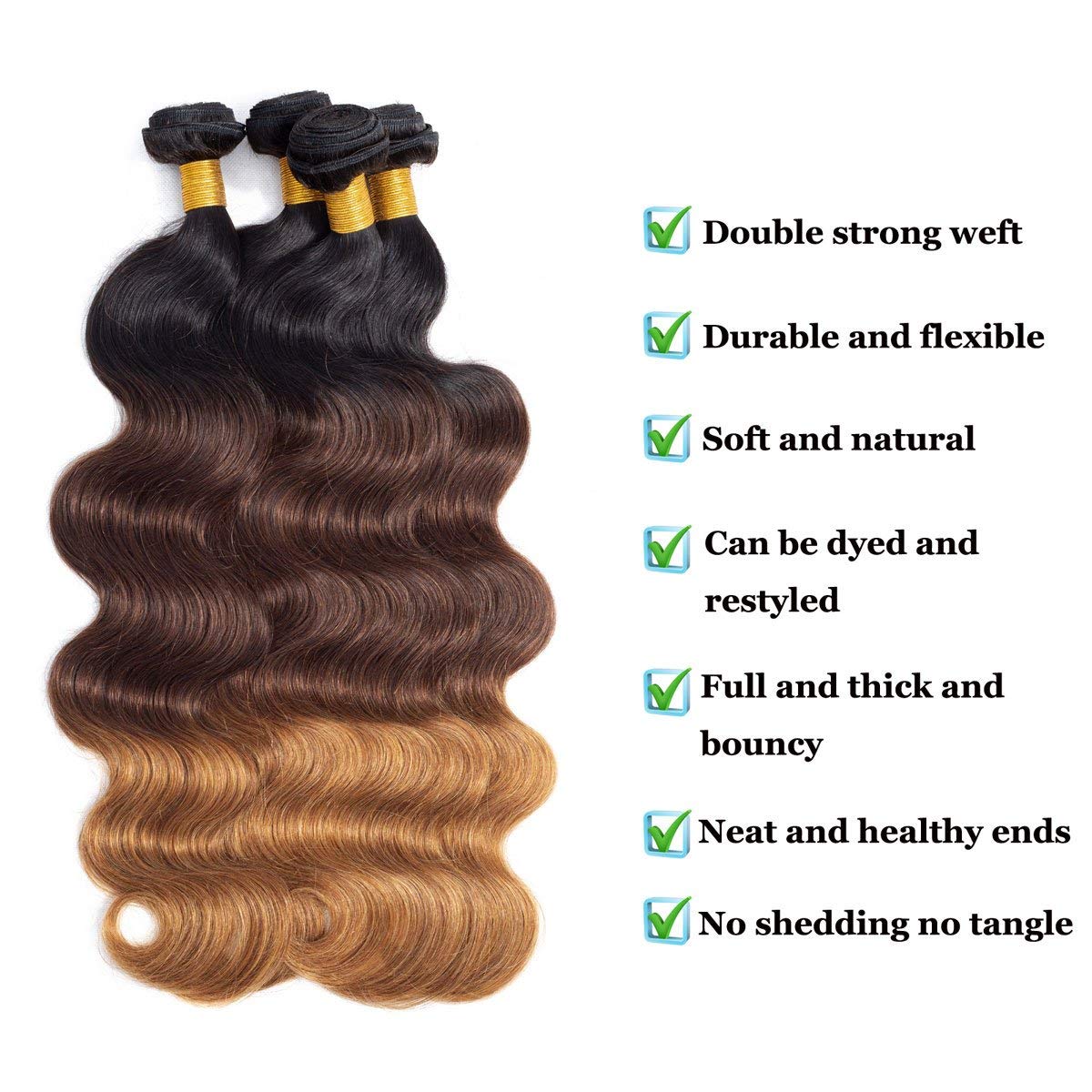 DAYRISE Ombre Body Wave Bundles Brazilian Virgin Human Hair Bundles Ombre Human Hair Extensions 3 Tone Mixed 1B/4/30 Color (14 16 18) Ombre Bundles Body Wave 3 Bundles