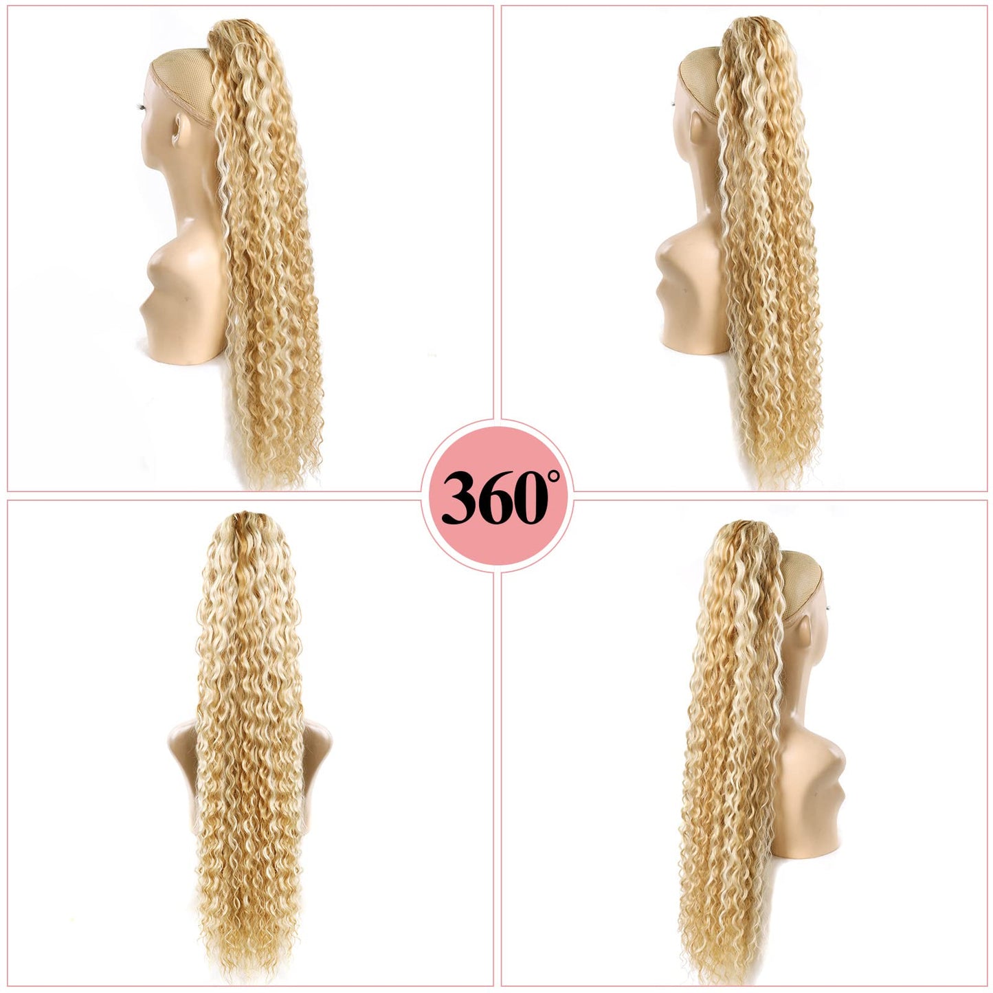 Fashion lcon 30 inch Long Drawstring Ponytail Extensions Highlights Clip in curly Ponytail Hair Extensions Natural Brown Mix Blonde Synthetic Long Drawstring ponytail for Women Blonde(#P18/613)